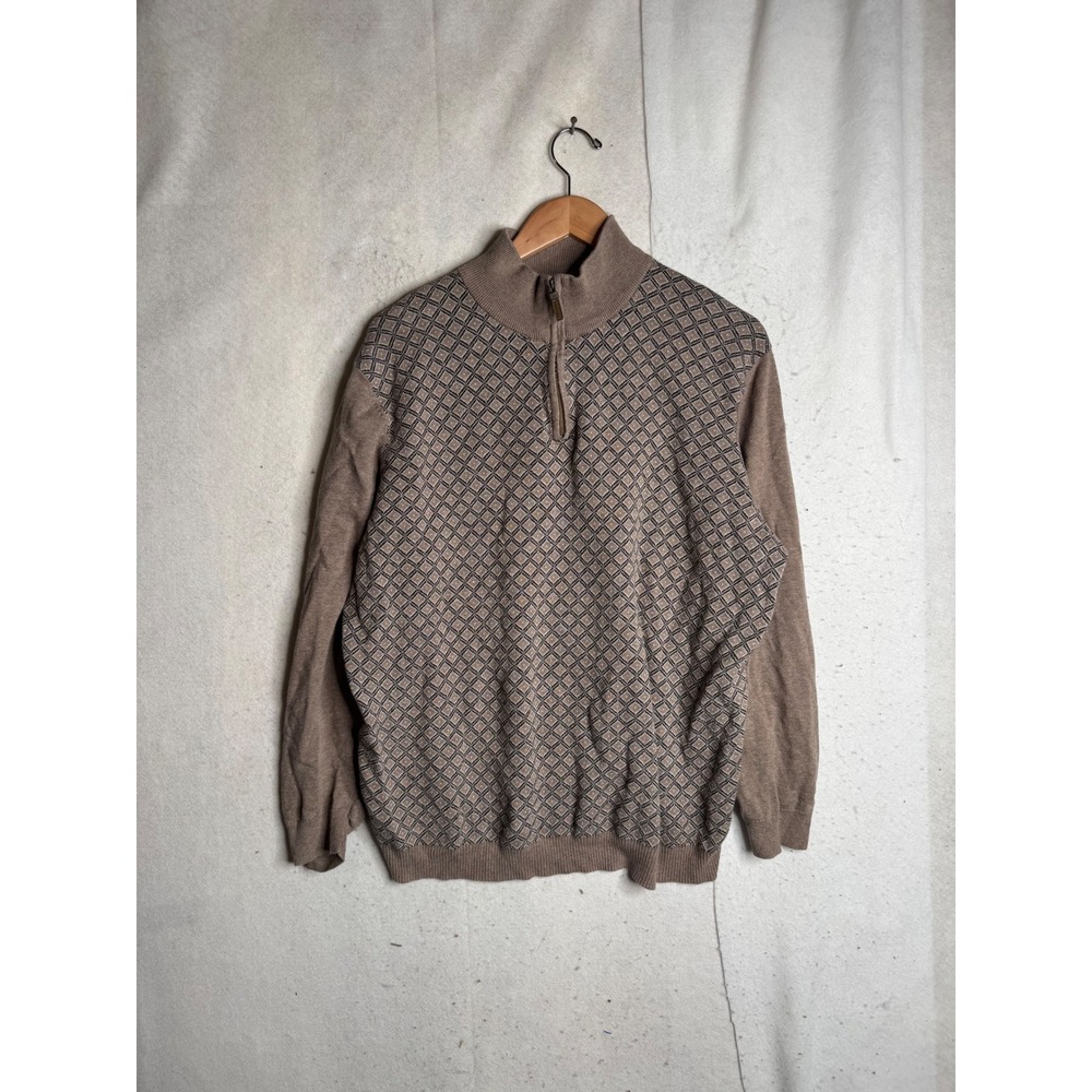 Tasso Elba Mens XL Quarter Zip Sweater Brown Cotton Geometric Elbow Patches